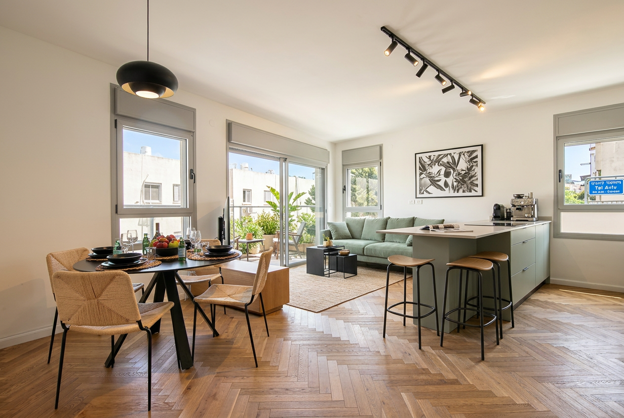 The same space transformed into a bright open-plan living, dining and kitchen with herringbone oak floors