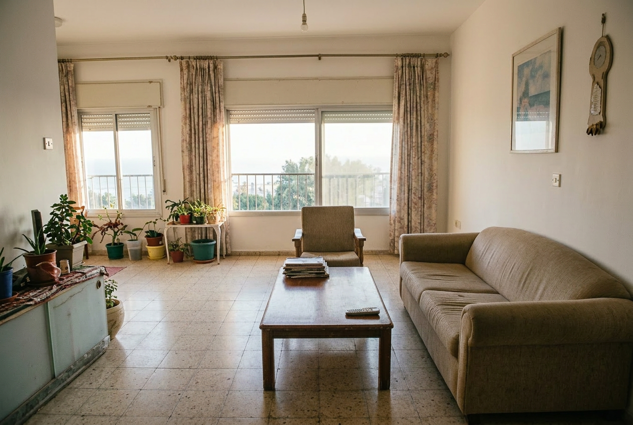 Dated living room with tiled floor and old furniture before renovation